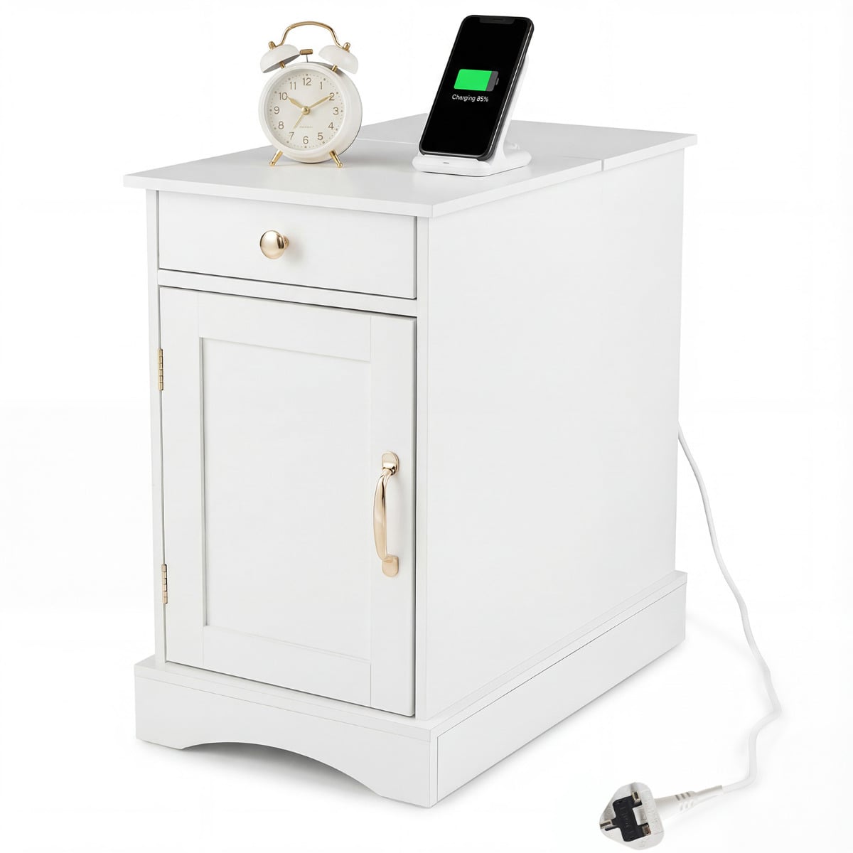 End Table Narrow Nightstand Bedside Table with Charging Station-White