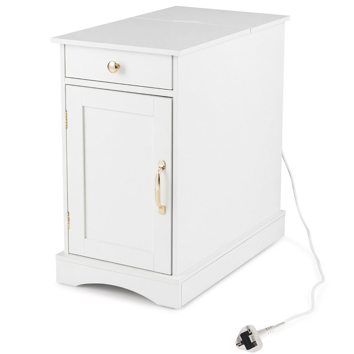 End Table Narrow Nightstand Bedside Table with Charging Station-White