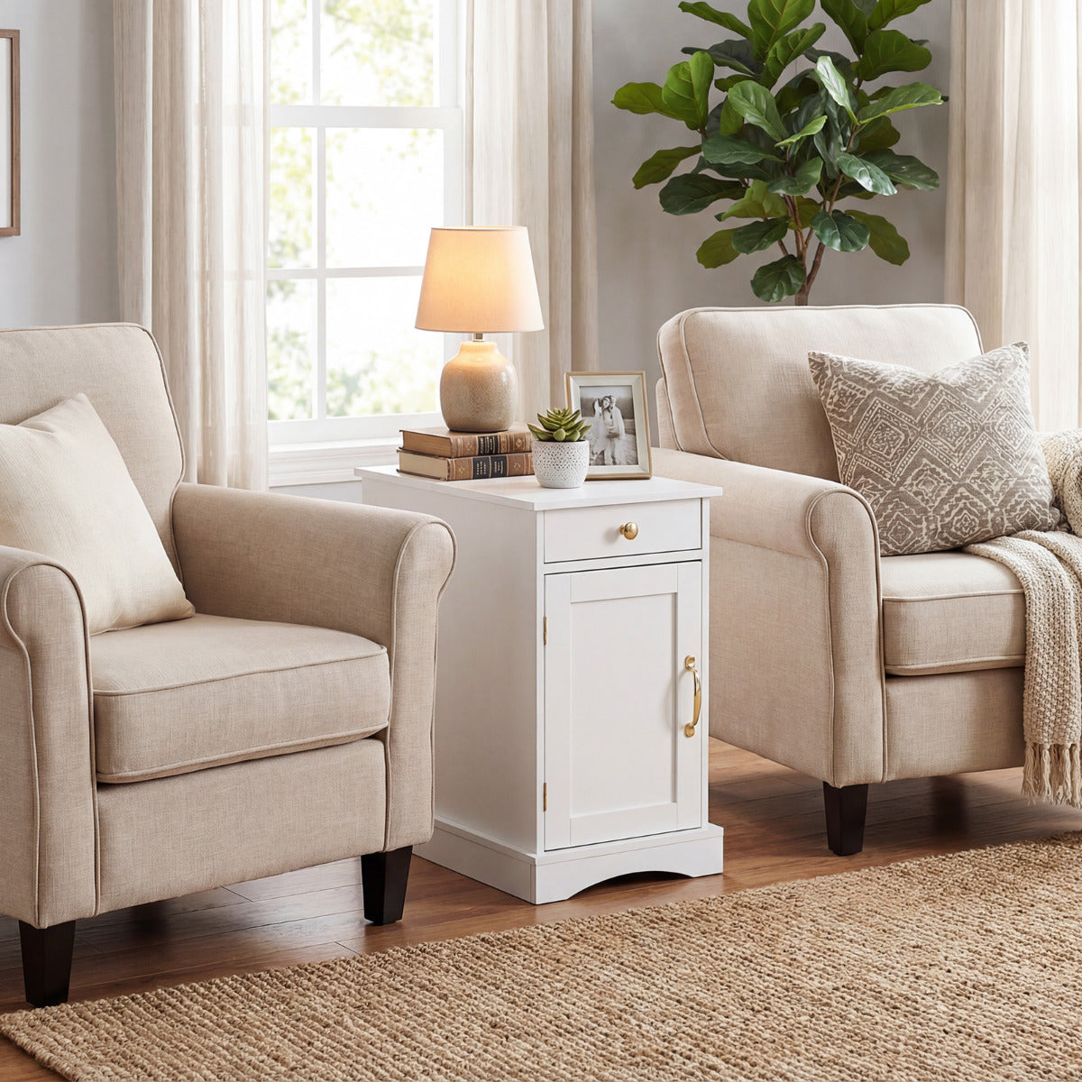 End Table Narrow Nightstand Bedside Table with Charging Station-White