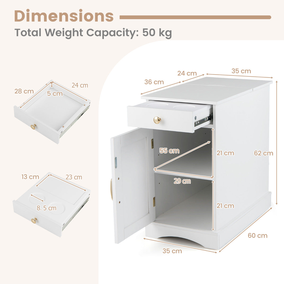End Table Narrow Nightstand Bedside Table with Charging Station-White