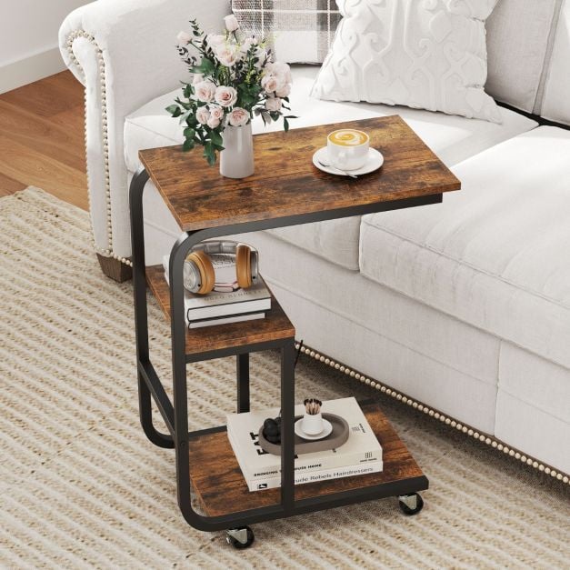 C-shaped End Table Space-saving Couch Table with Open Shelves-Rustic Brown