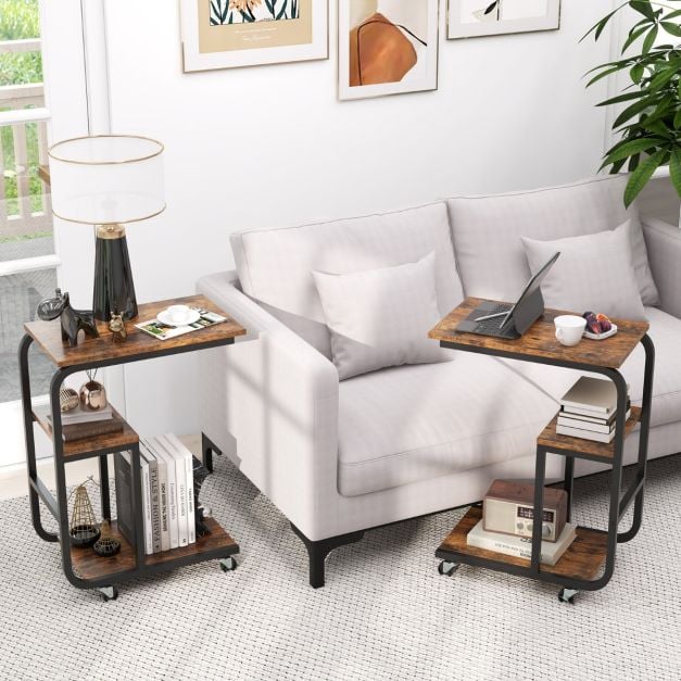 C-shaped End Table Space-saving Couch Table with Open Shelves-Rustic Brown