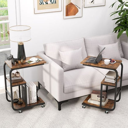 C-shaped End Table Space-saving Couch Table with Open Shelves-Rustic Brown