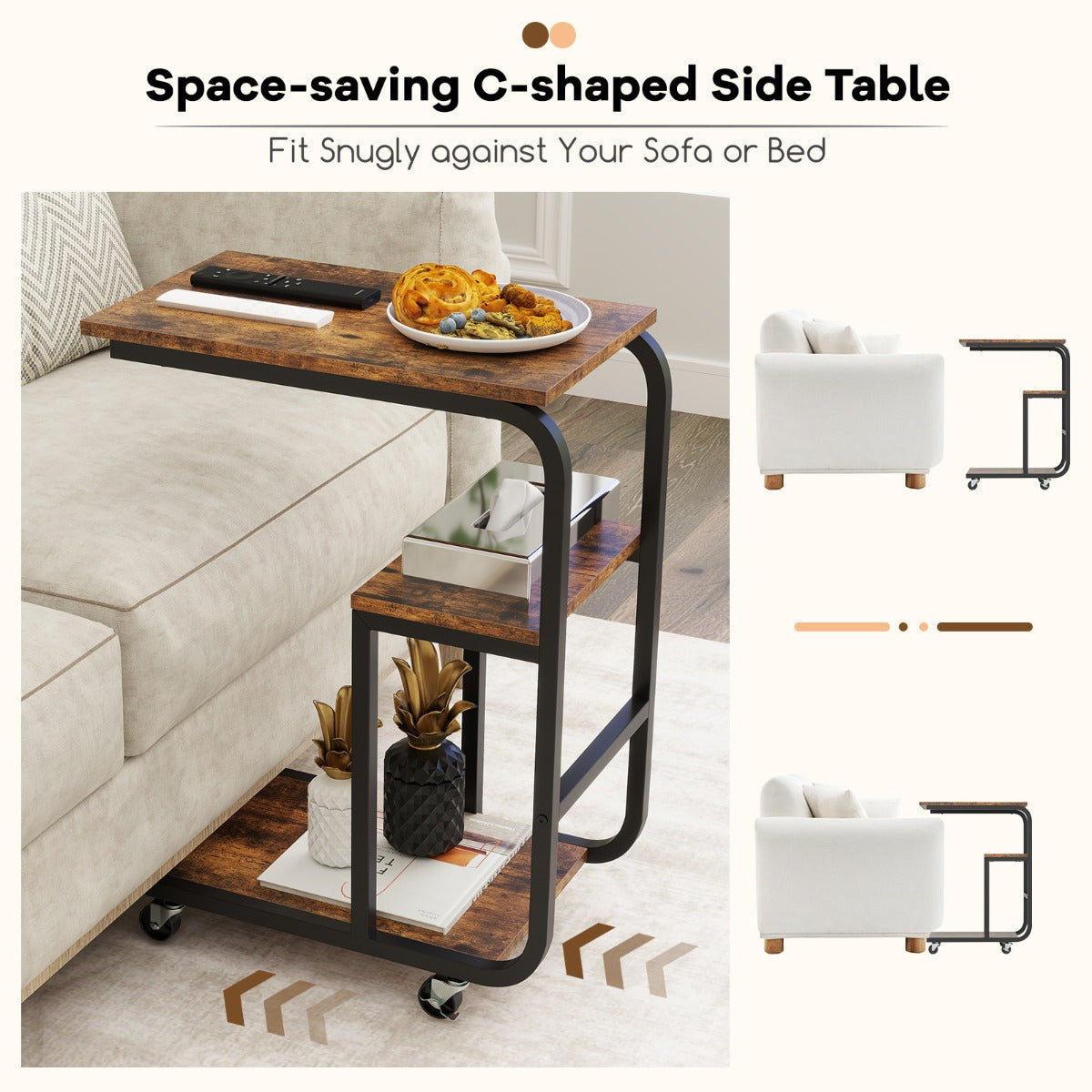 C-shaped End Table Space-saving Couch Table with Open Shelves-Rustic Brown