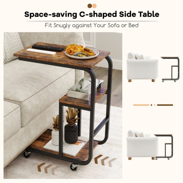 C-shaped End Table Space-saving Couch Table with Open Shelves-Rustic Brown