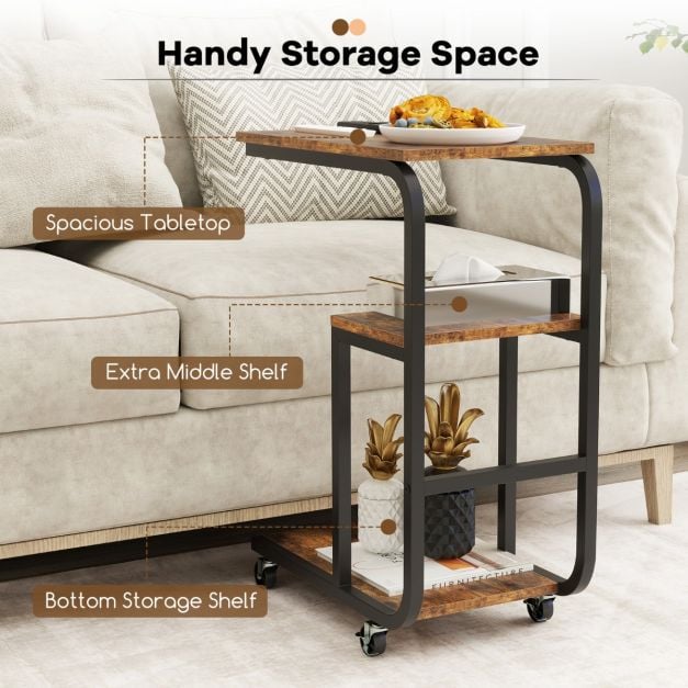 C-shaped End Table Space-saving Couch Table with Open Shelves-Rustic Brown
