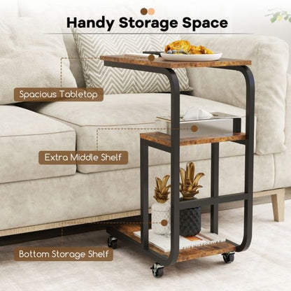 C-shaped End Table Space-saving Couch Table with Open Shelves-Rustic Brown