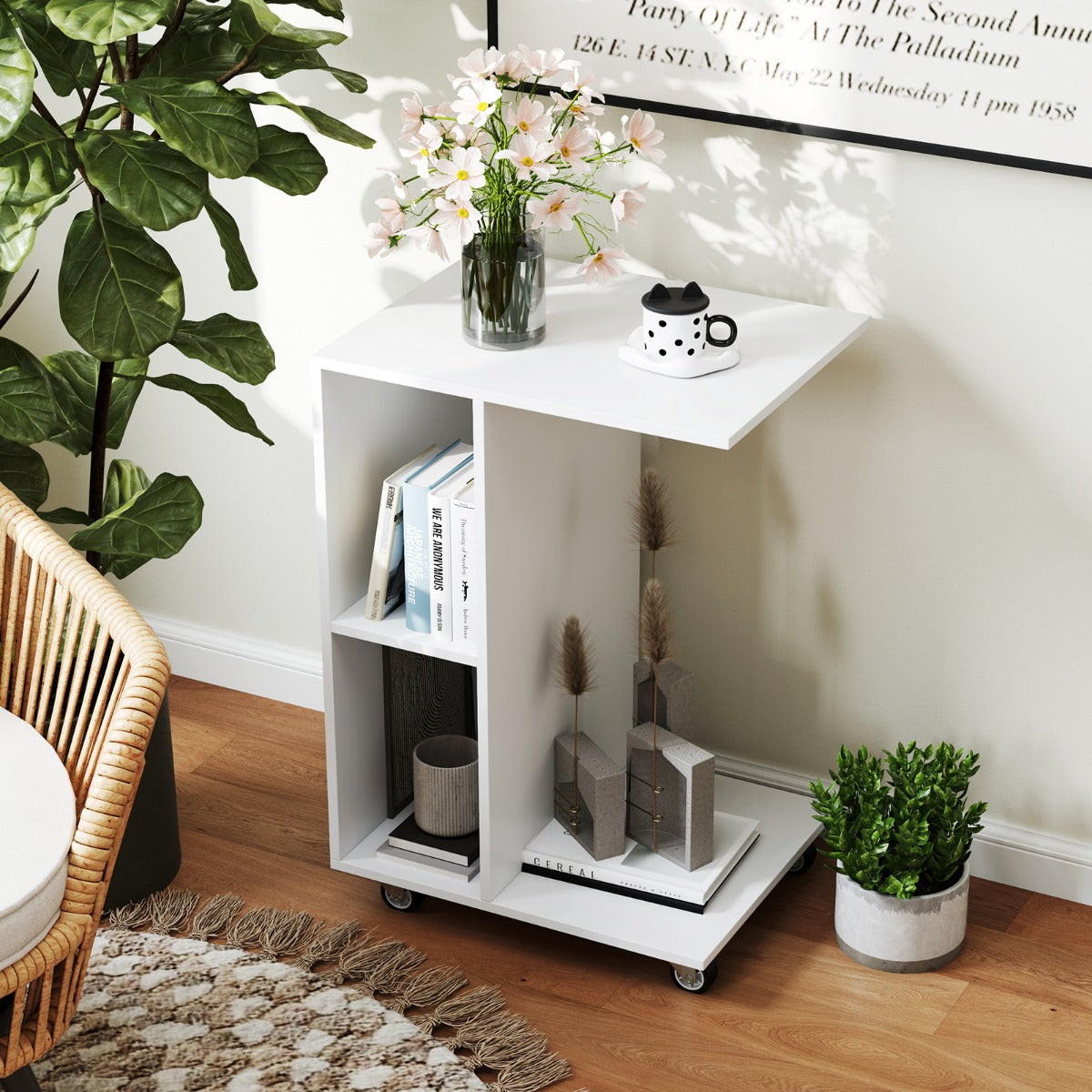 C Shaped Side Table Narrow Table with Storage Shelves Universal Locking Casters Mobile Table White