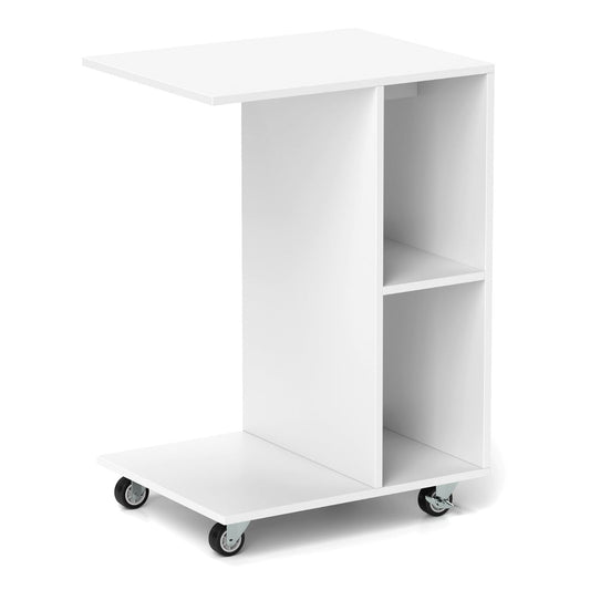 C Shaped Side Table Narrow Table with Storage Shelves Universal Locking Casters Mobile Table White