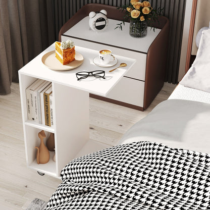 C Shaped Side Table Narrow Table with Storage Shelves Universal Locking Casters Mobile Table White