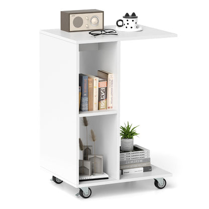 C Shaped Side Table Narrow Table with Storage Shelves Universal Locking Casters Mobile Table White