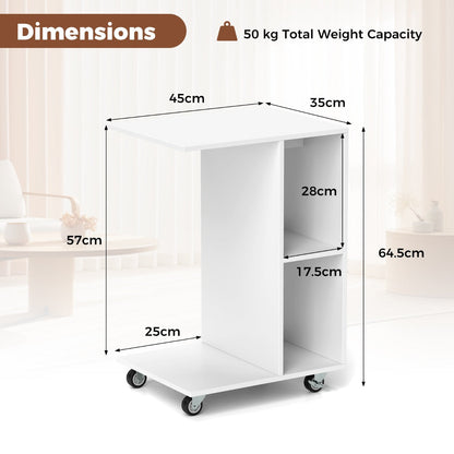 C Shaped Side Table Narrow Table with Storage Shelves Universal Locking Casters Mobile Table White