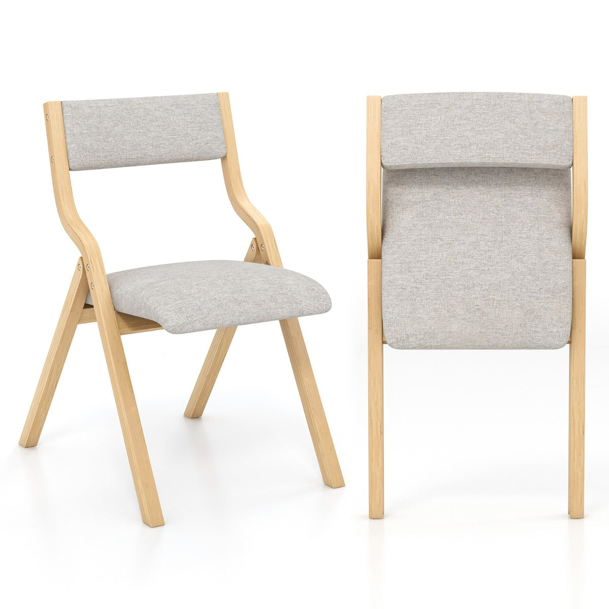 Set of 2 Folding Dining Chairs Upholstered Chairs with Solid Wood Frame Natural Linen Fabric Backrest