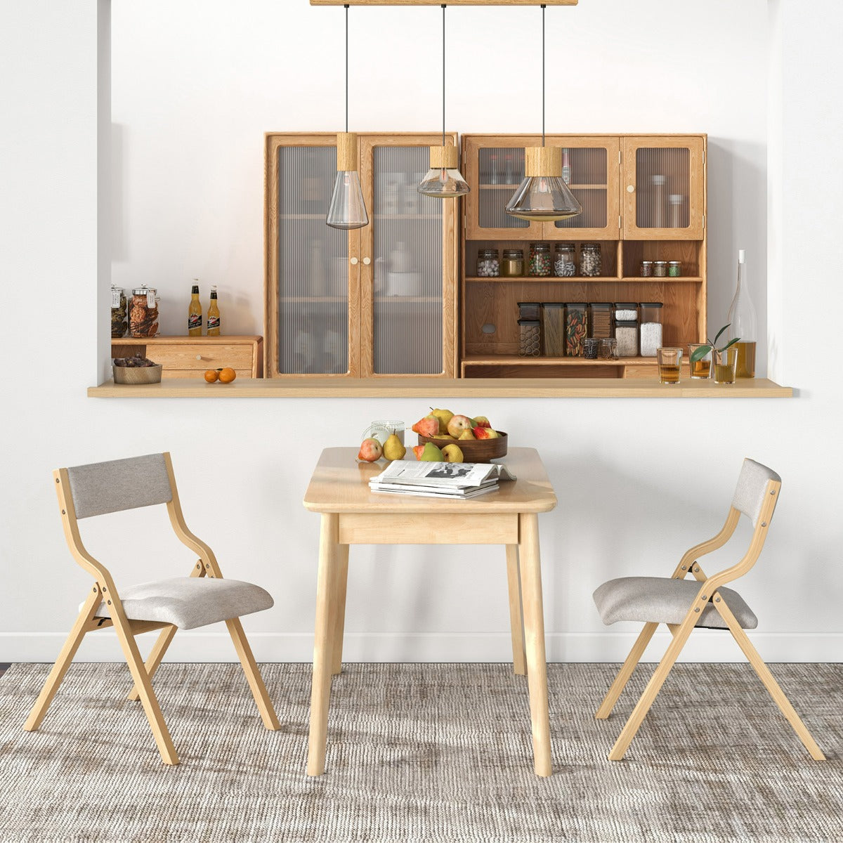 Set of 2 Folding Dining Chairs Upholstered Chairs with Solid Wood Frame Natural Linen Fabric Backrest