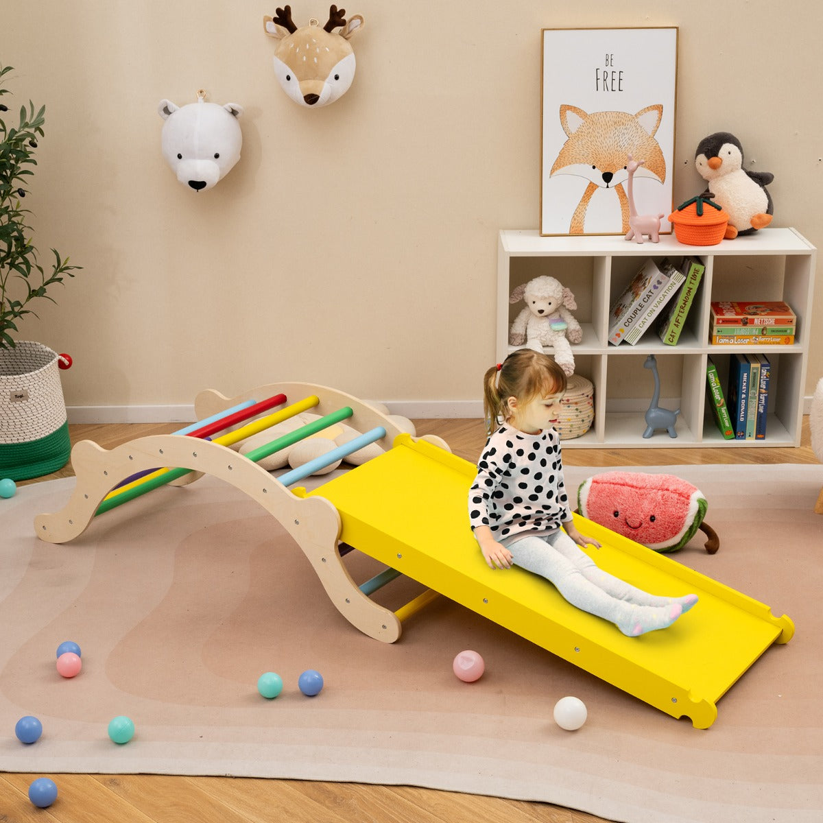 3-In-1 Wooden Climber with Ramp Toddler Climber Arch-Multicolor