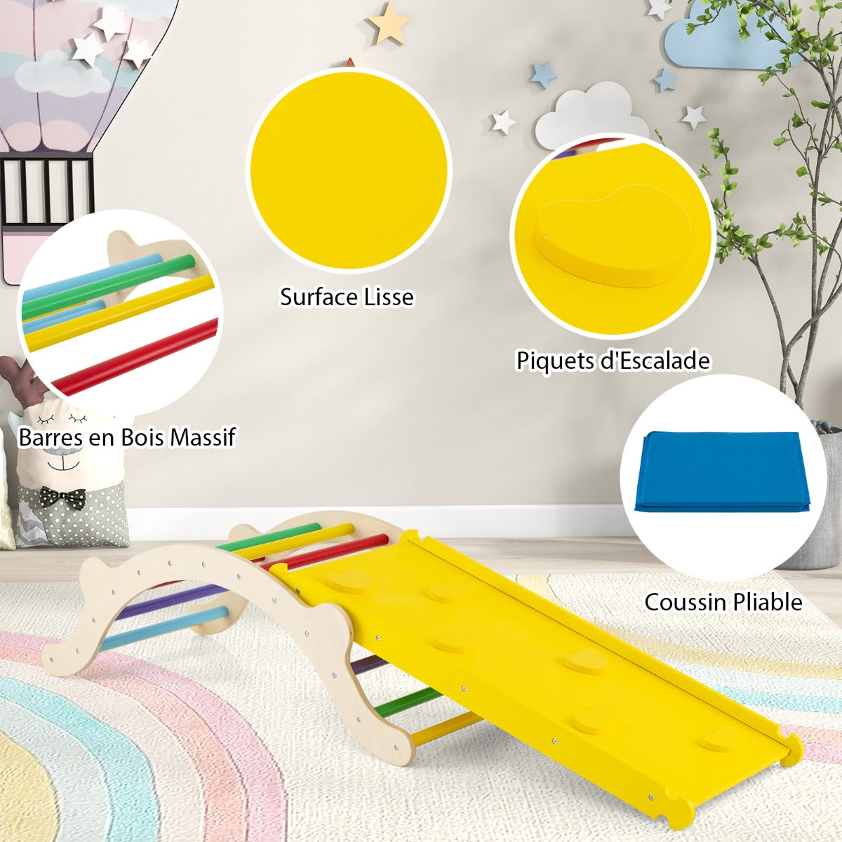 3-In-1 Wooden Climber with Ramp Toddler Climber Arch-Multicolor