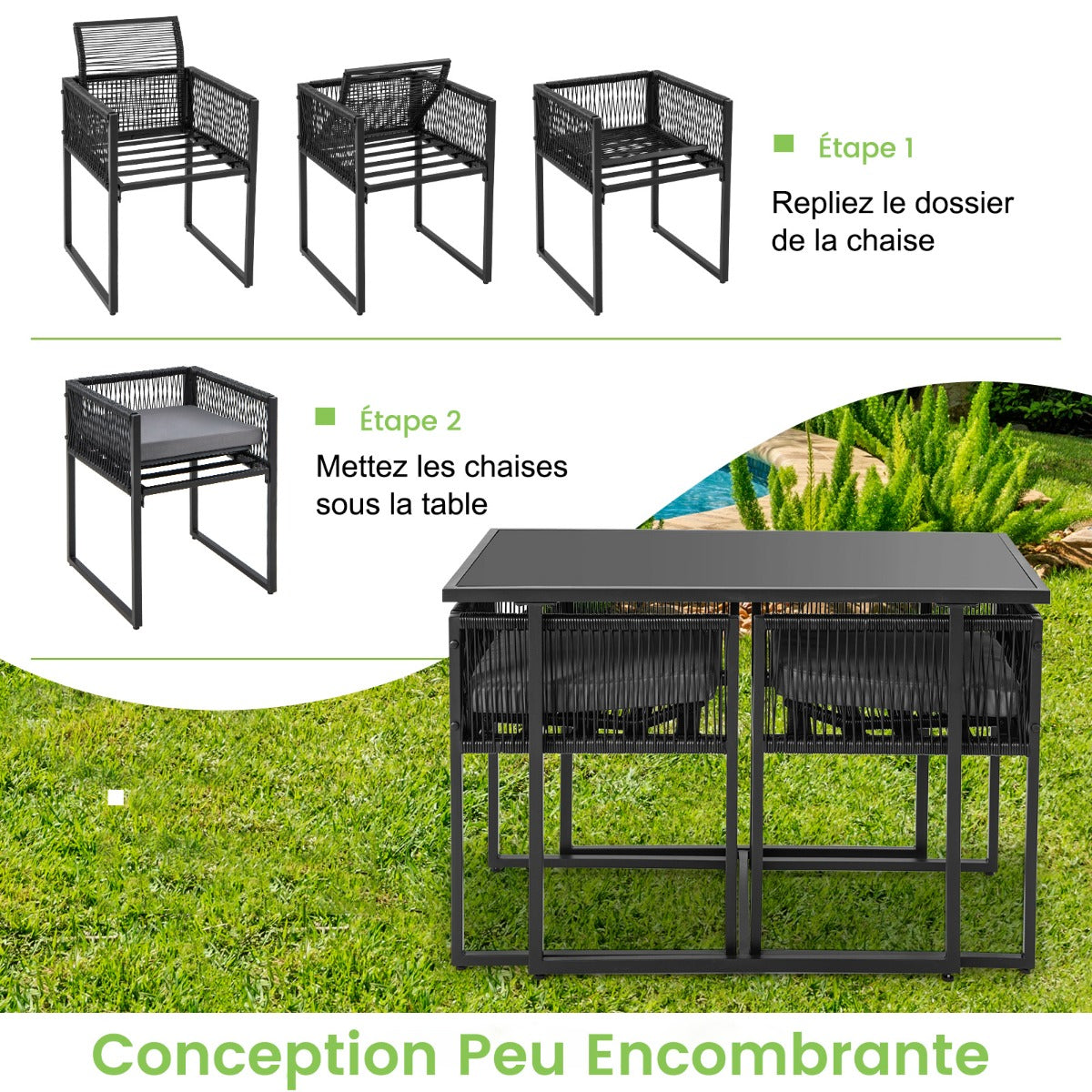 3-Piece Outdoor Dining Set with Folding Backrest &amp; Seat Cushion Patio Furniture Set
