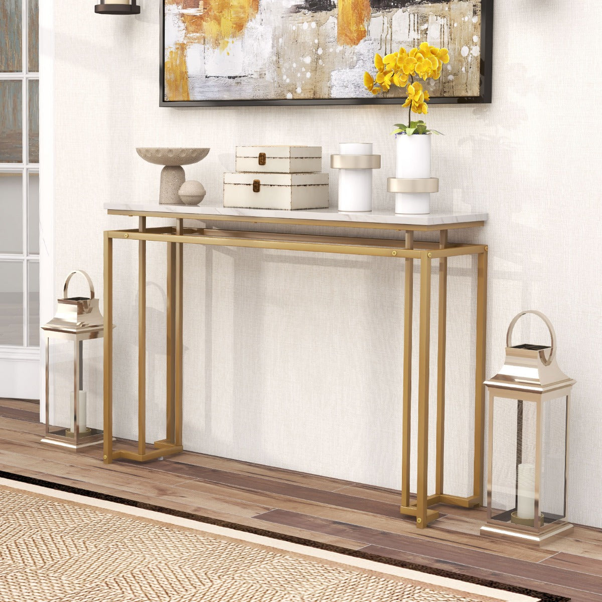 Gold Console Table with Faux Marble Tabletop and Geometric Metal Frame-White