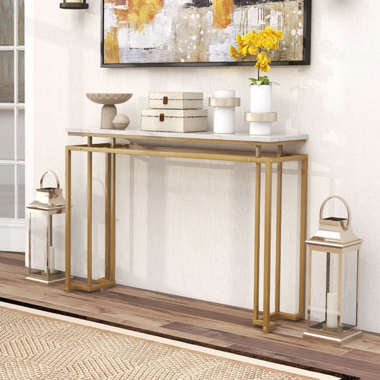 Gold Console Table with Faux Marble Tabletop and Geometric Metal Frame-White