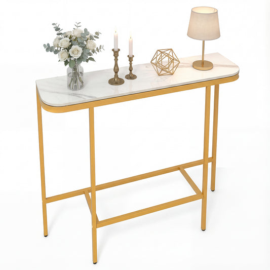Entryway Table with Faux Marble Top and Metal Frame for Hallway-White & Golden