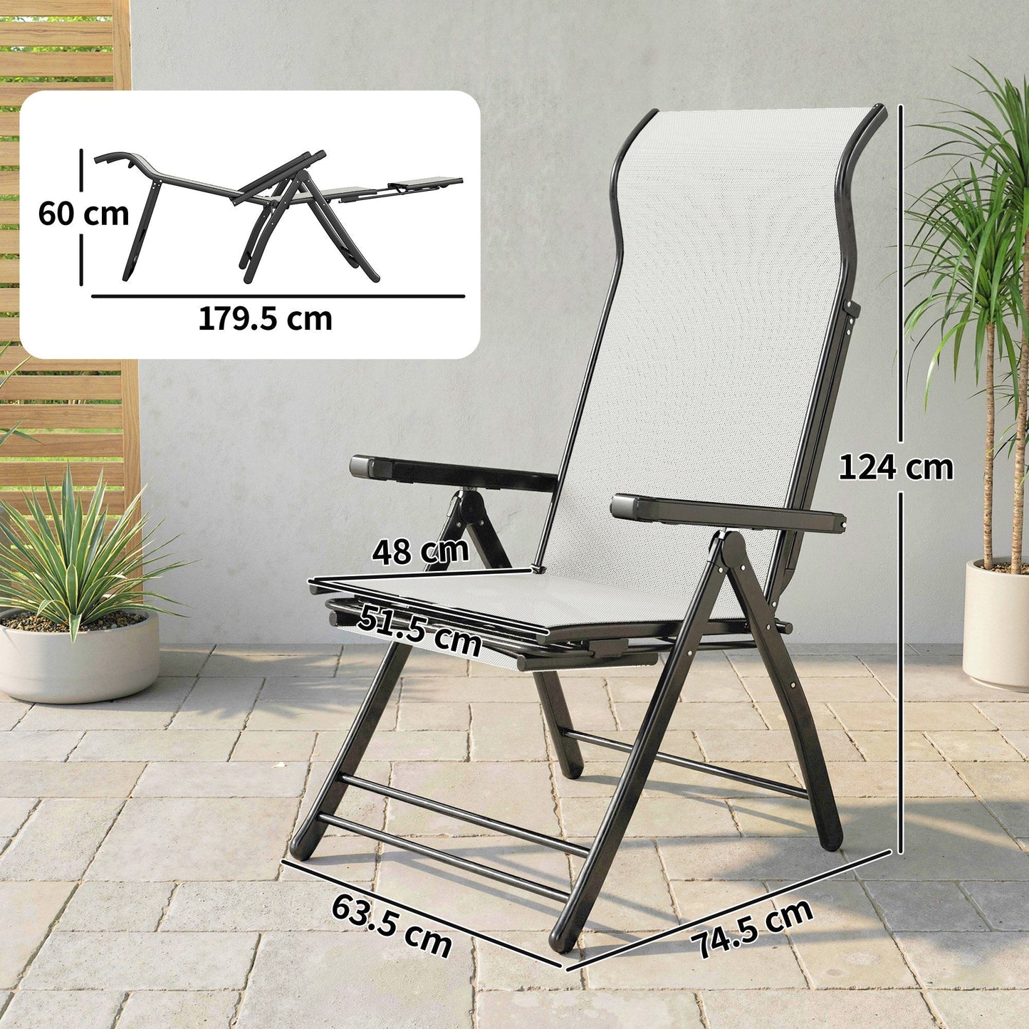 Outsunny Reclining Garden Chairs Set of 2, 5-Position Folding Sun Loungers with High Back, Retractable Footrest, Light Grey