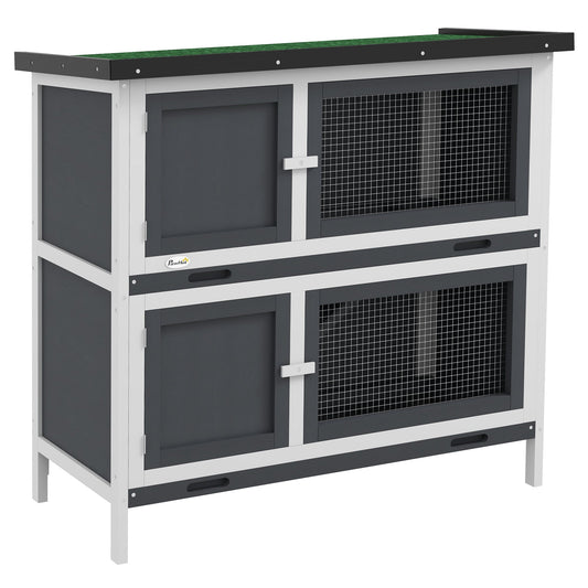 PawHut Double Decker Rabbit Hutch 2 Tier Guinea Pig House Pet Cage Outdoor z wysuwaną tacką, 100 x 47 x 91 cm, szary
