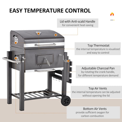 Wózek do grilla Outsunny Charcoal Grill z regulowanym rusztem węglowym, ogrodowy metalowy grill wędzarniczy z półką, stolikiem bocznym, kółkami, wbudowanym termometrem, otwieraczem do butelek
