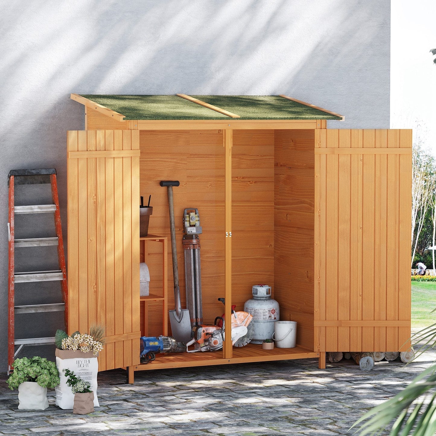 Outsunny Garden Shed Wooden Timber Garden Storage Shed - Double Door - 160cm x 139cm x 75cm