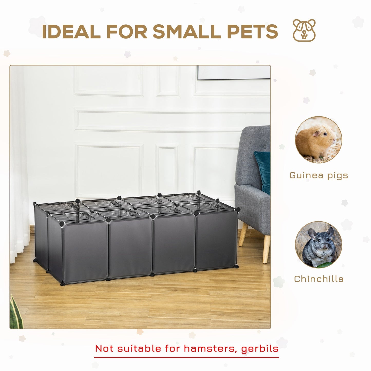 PawHut Pet Playpen مع باب، قفص شبكي معدني لخنازير غينيا، سياج قابل للتخصيص للحيوانات الصغيرة، شينشيلا، للاستخدام الداخلي والخارجي، مع مطرقة، 140 × 70 × 45 سم، قفص رمادي