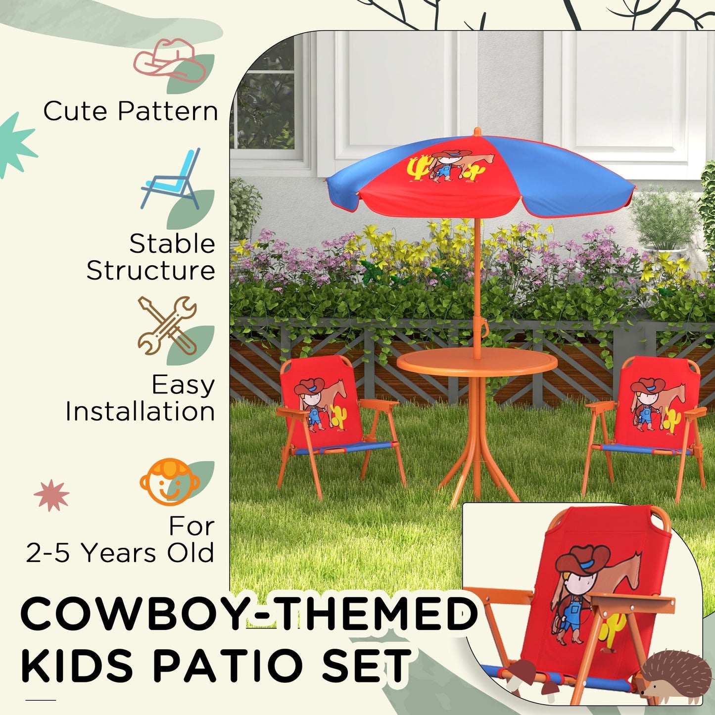 Outsunny Kids Picnic Table and Chair Set Cowboy Themed Outdoor Garden Furniture w/ Foldable Chairs, Adjustable Parasol