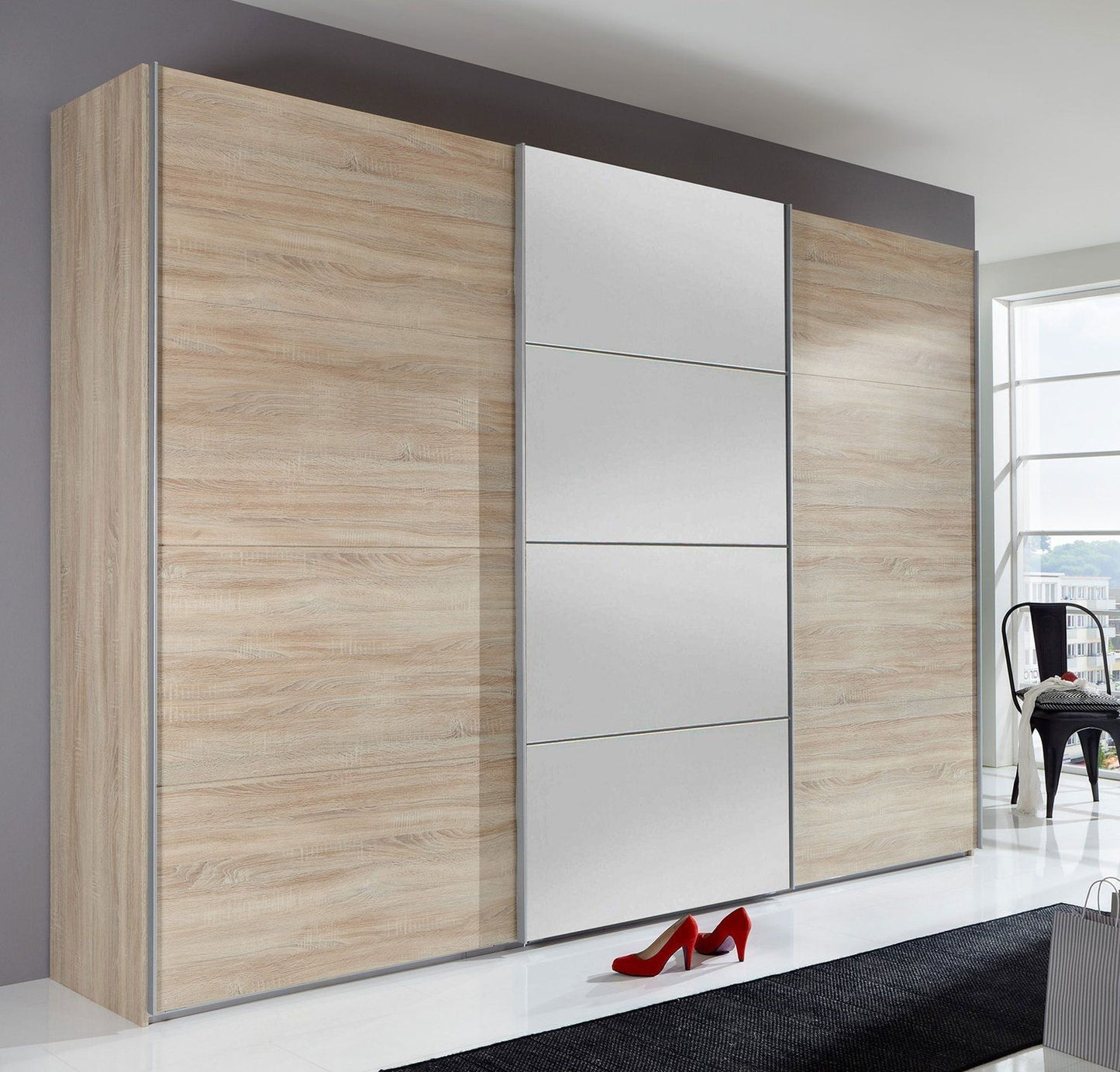 Erasmus 3 Door Mirrored Sliding Wardrobe - Hickory Oak