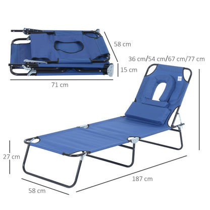 كرسي استرخاء قابل للطي من Outsunny Sun Lounger مع وسادة وفتحة للقراءة، كرسي حديقة الشاطئ في الهواء الطلق قابل للتعديل باللون الأزرق