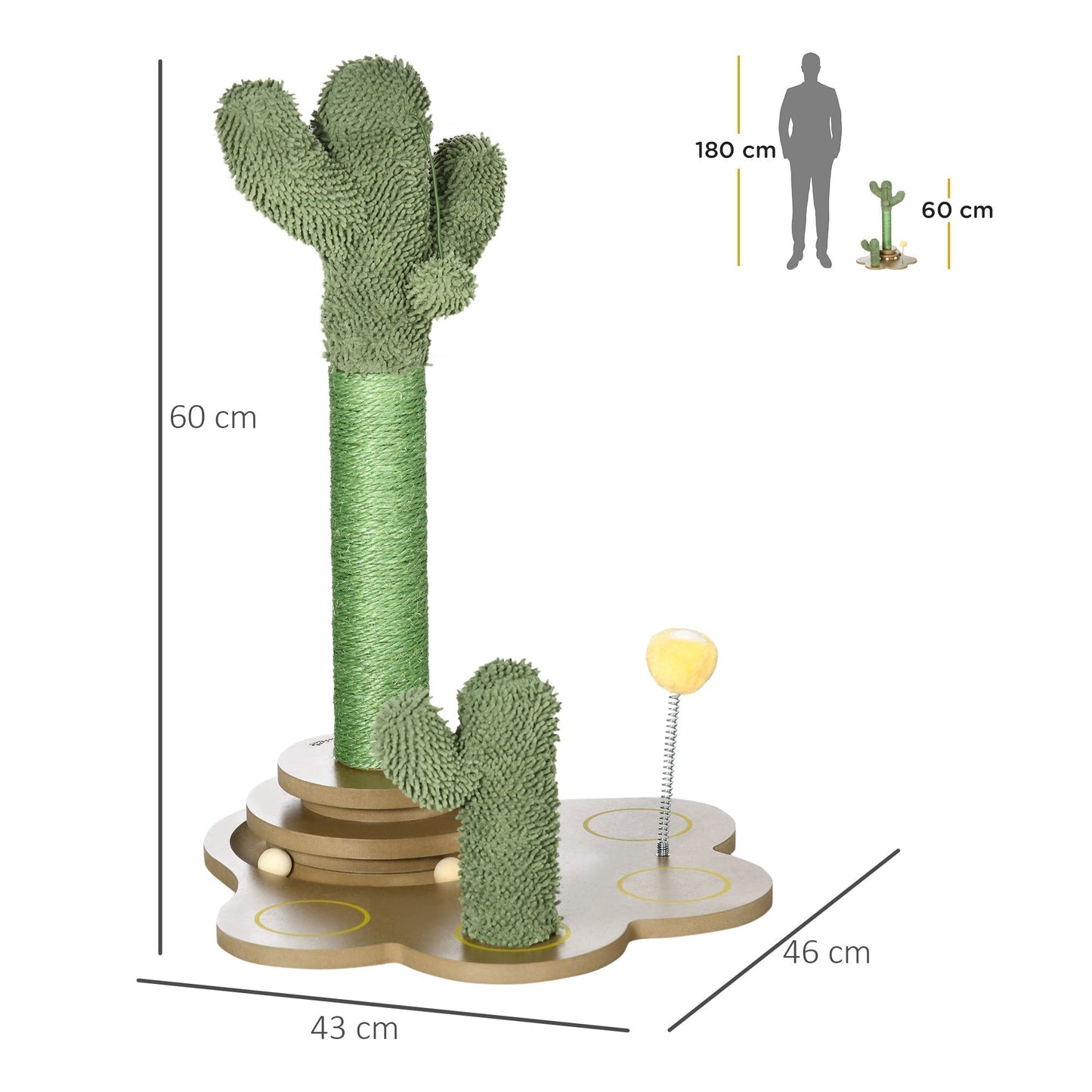 PawHut 60cm Cactus-shaped Cat Tree, Kitty Activity Center with Turntable Interactive Ball Toys, Chenille Cat Tower, Green