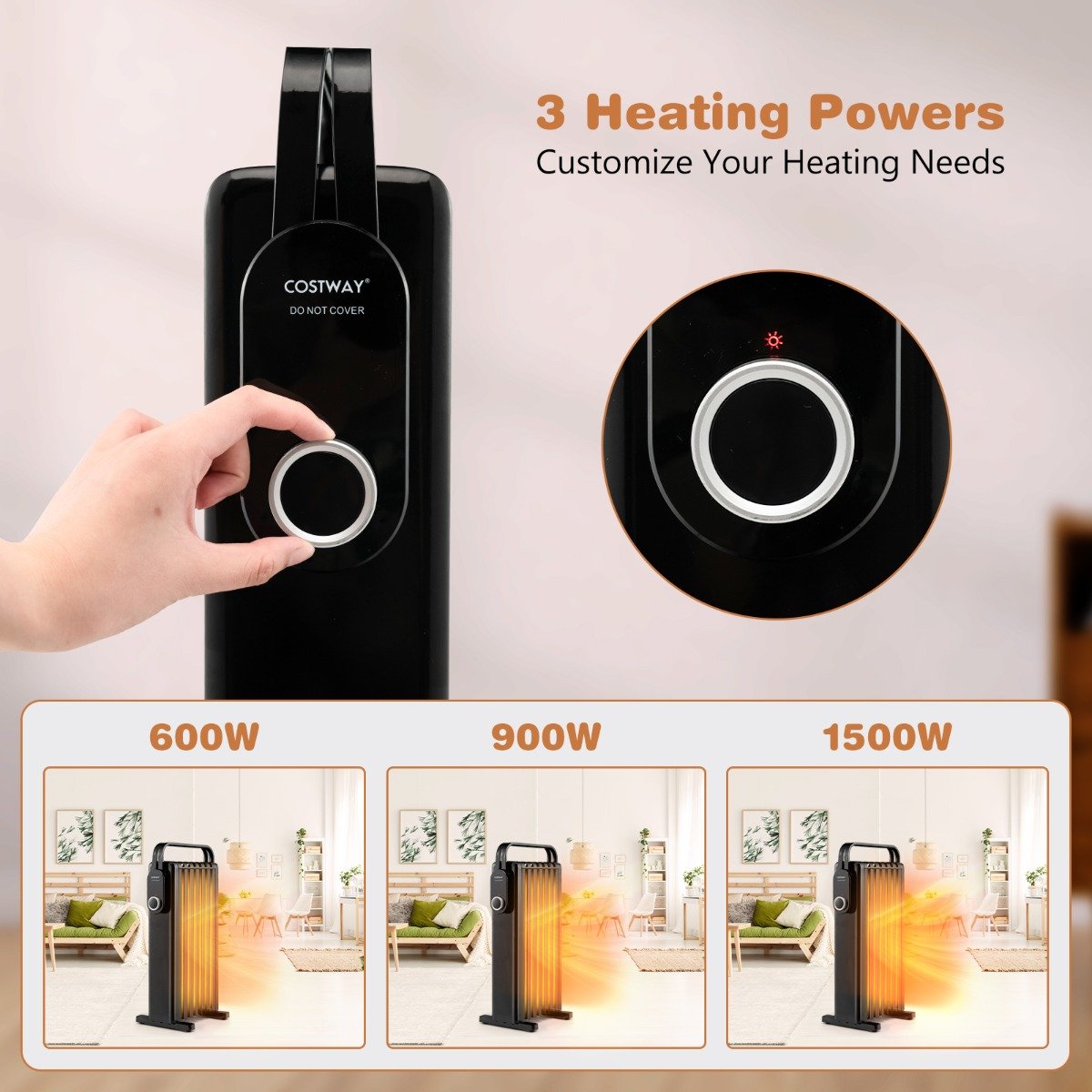 Portable Electric Heater with Overheat and Tip-Over Protection-Black