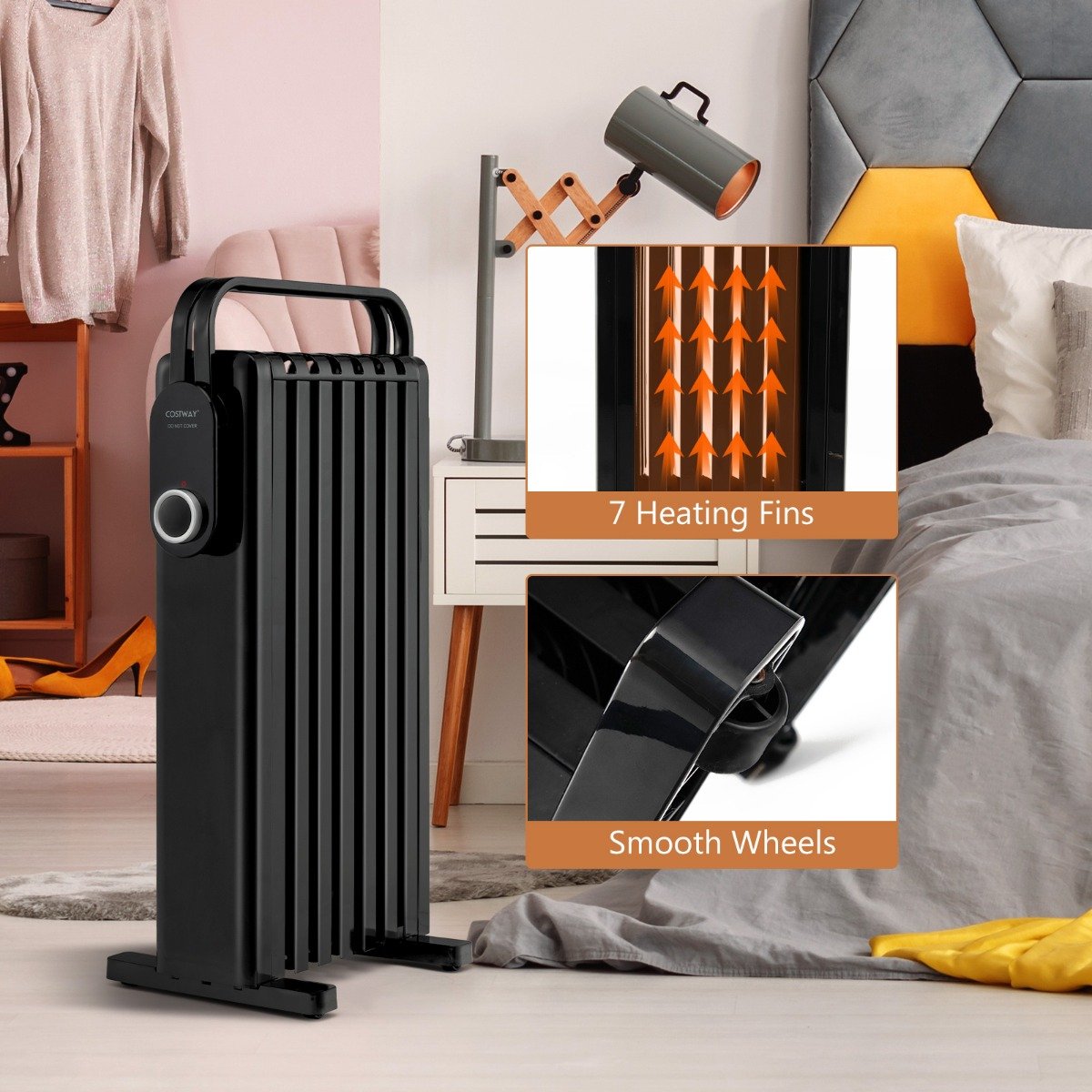 Portable Electric Heater with Overheat and Tip-Over Protection-Black