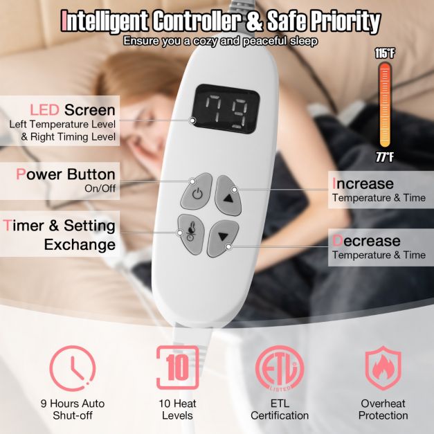 154 x 130 CM Reversible Electric Heated Blanket with 10 Heat Settings-Dark Grey