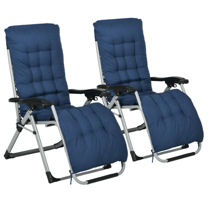 Outsunny 2pc Reclining Zero Gravity Sun Loungers ,Folding Chaise Lounge Chair with Cushions, Blue