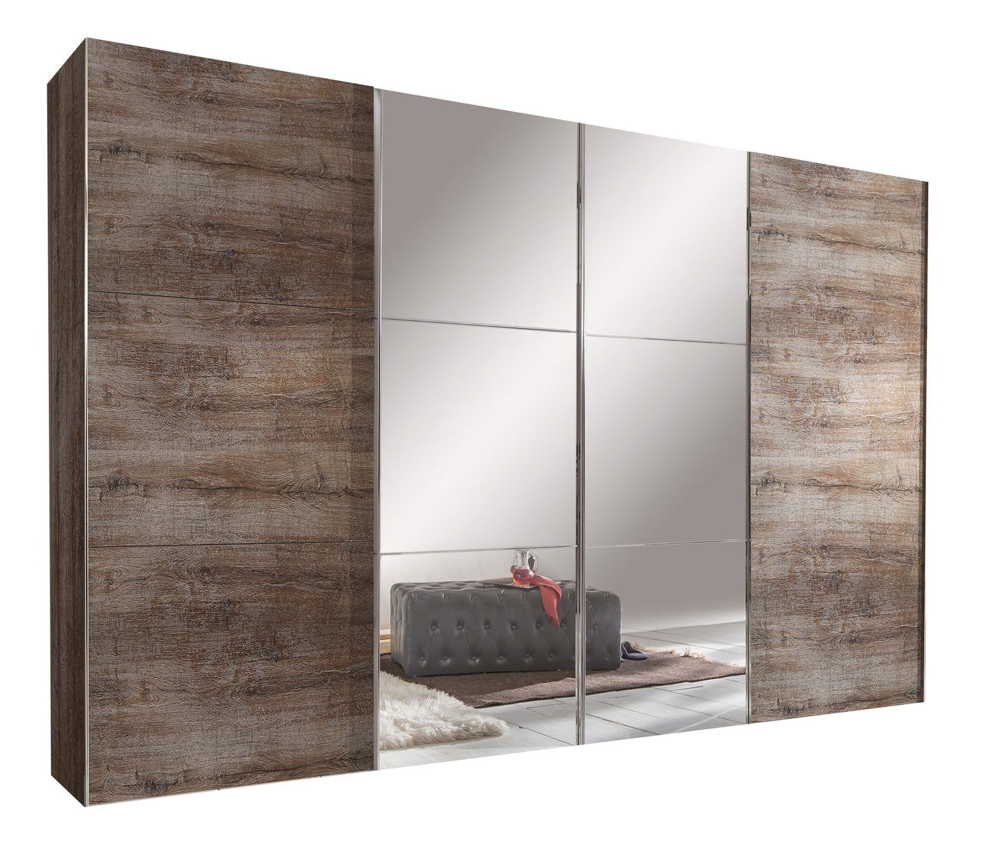 Landscape 4 Door 350cm Mirrored Sliding Wardrobe - Muddy Oak