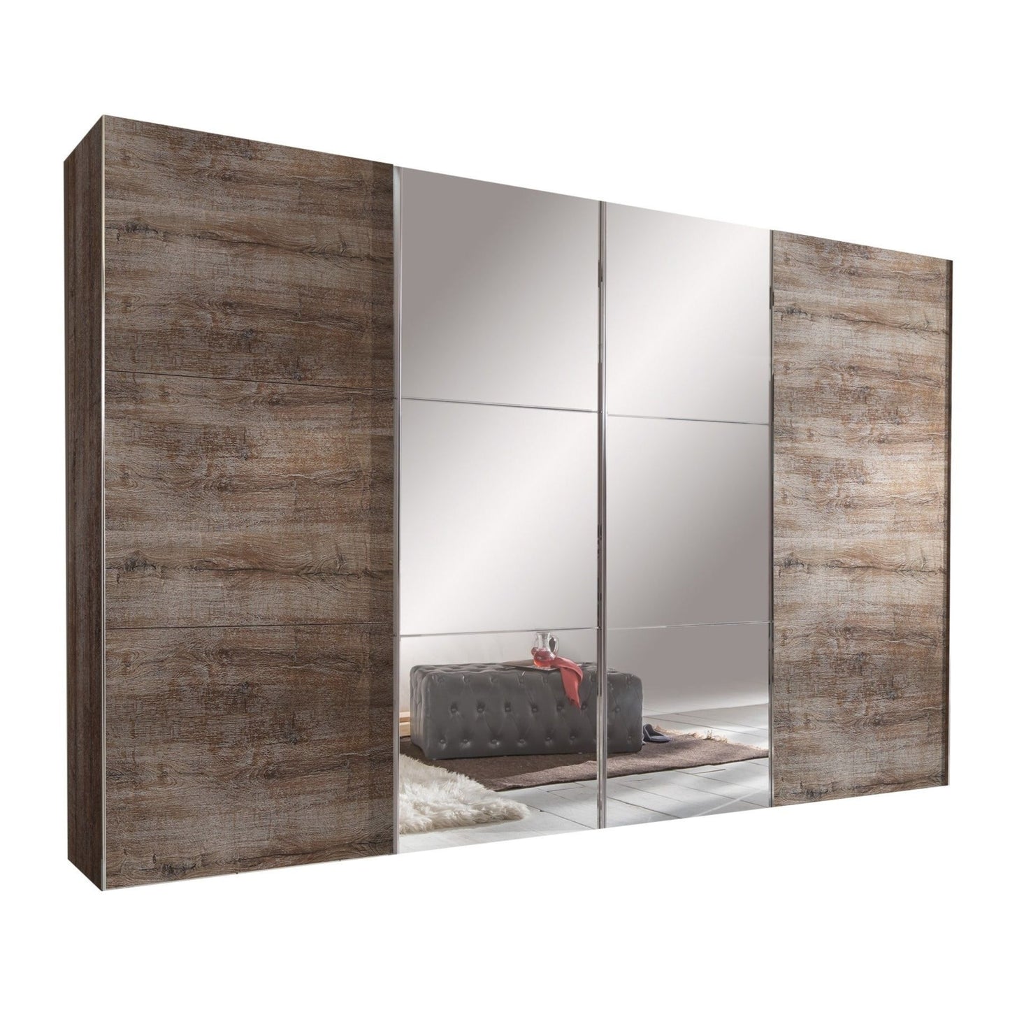 Landscape 4 Door 350cm Mirrored Sliding Wardrobe - Muddy Oak