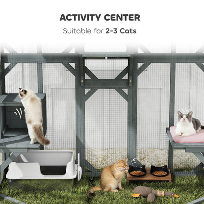 PawHut Catio Outdoor Cat Enclosure,  Wooden Cat House with Platforms, Condo and Waterproof Cover for 2â3 Kittens, Grey