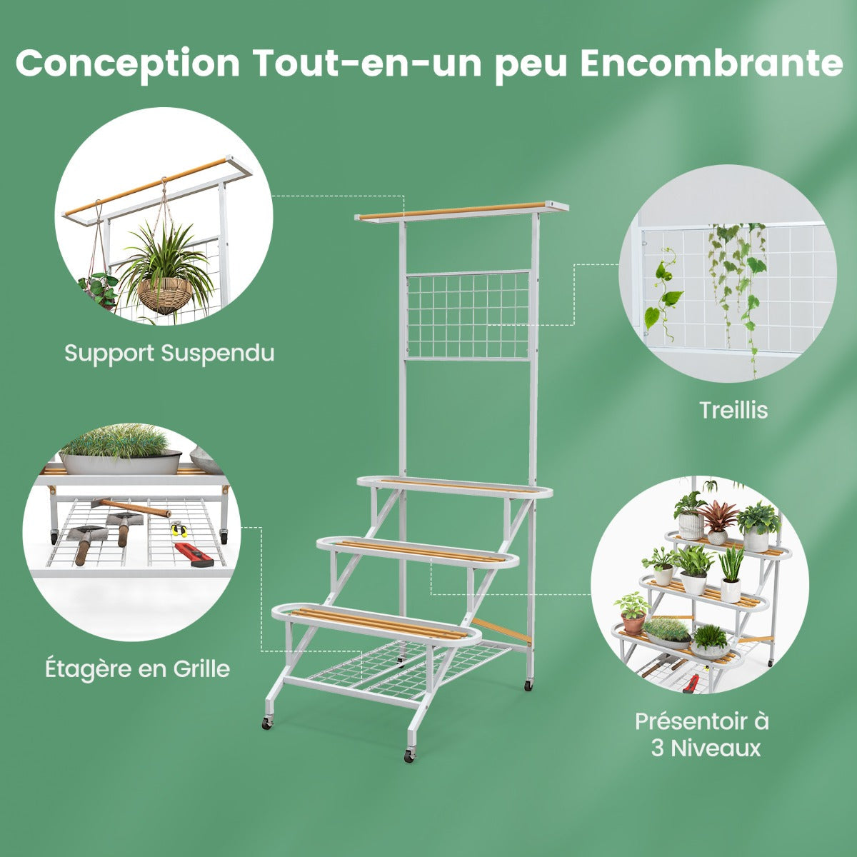 4-Tier Hanging Plant Stand with Hanging Bar and Trellis