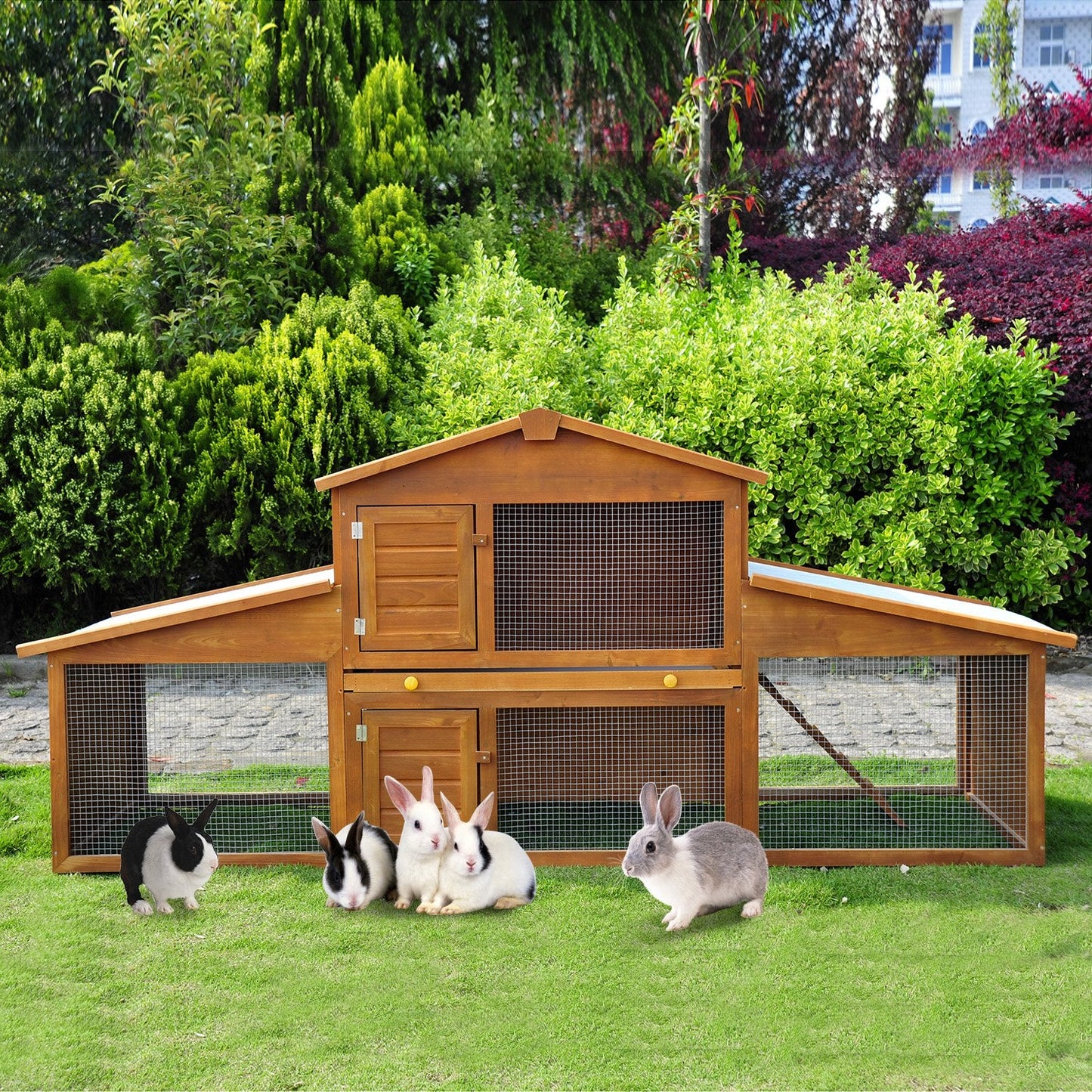 PawHut Small Animal Deluxe XXL Fir Wood 2-Tier Guinea Pigs Hutches Natural Wood Tone