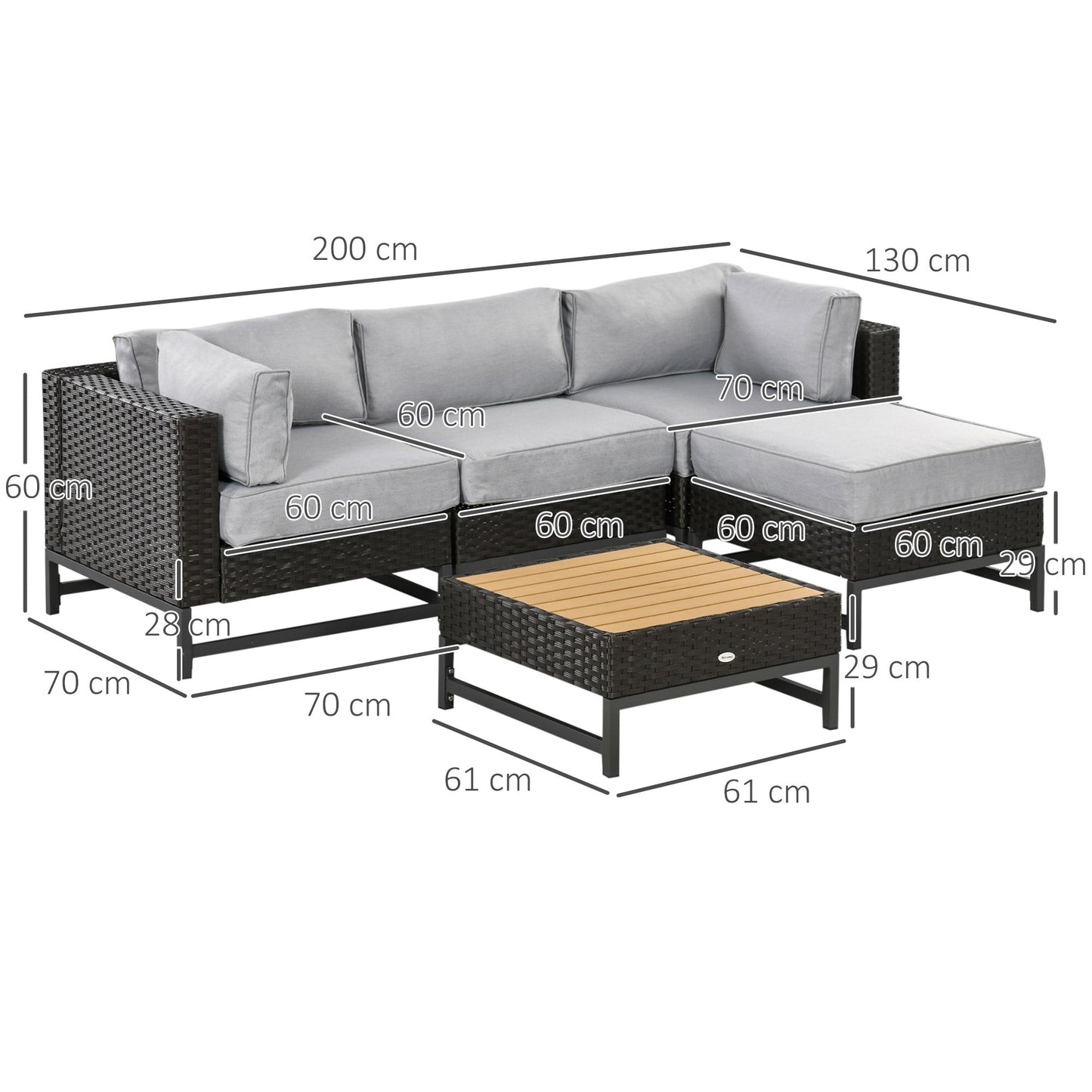 Outsunny 5 Piece Outdoor PE Rattan Corner Sofa Set with Cushions, Wicker Rattan Garden Furniture with Wood-Effect Top Table, Brown