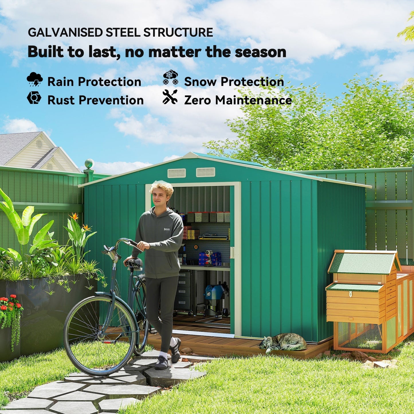 Outsunny 9 x 6ft Metal Garden Shed, Outdoor Storage Tool House with Ventilation Slots, Foundation Kit and Lockable Double Doors, Green