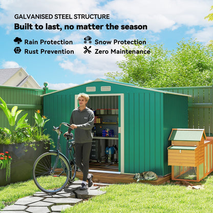 Outsunny 9 x 6ft Metal Garden Shed, Outdoor Storage Tool House with Ventilation Slots, Foundation Kit and Lockable Double Doors, Green