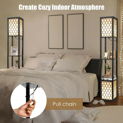Double Floor Lamp with 2 Tier Storage Shelves and Foot Switch