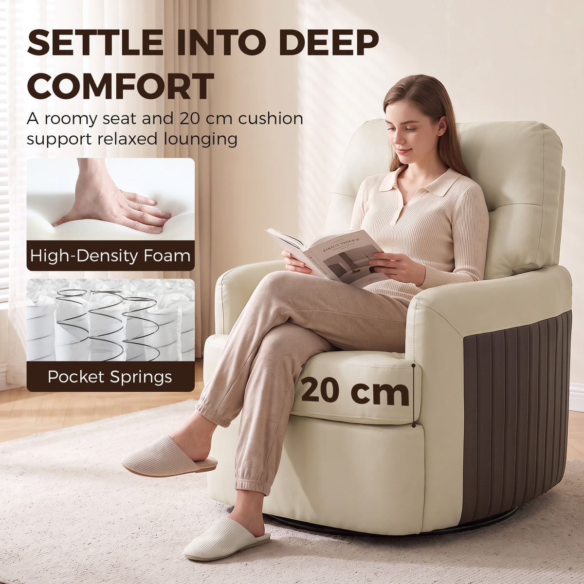 HOMCOM 360° Swivel Accent Chair, Modern Armchair with Thick Cushion, PU Leather Upholstered, Cream White