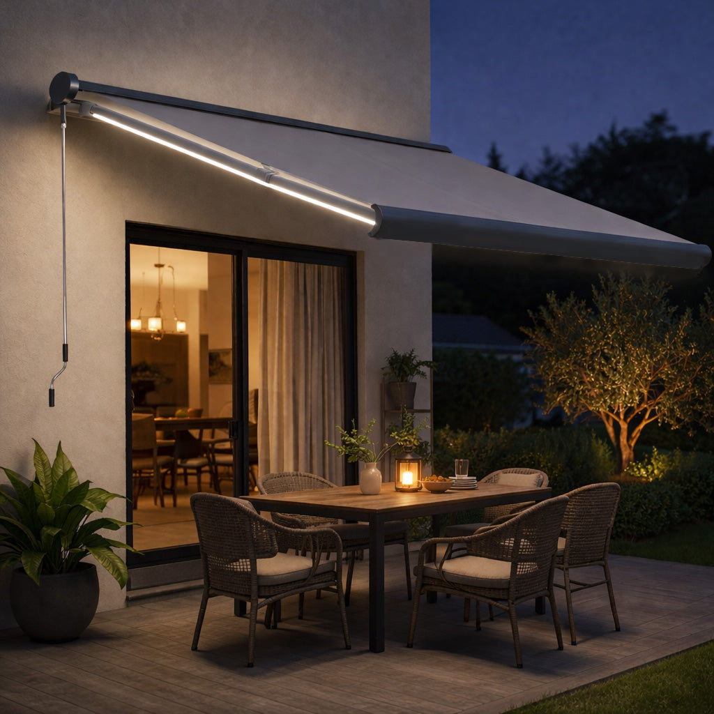 Outsunny 3.5x3m LED Light Full Cassette Case Electric/Manual Awning Door Window Sun Shade Patio Canopy Retractable w/ Remote Grey