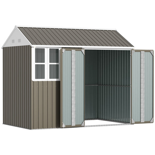 Outsunny 8 x 6 ft Galvanised Garden Shed, Outsoor Metal Storage Shed with Double Doors Window Air Vents for Patio, Lawn, Grey