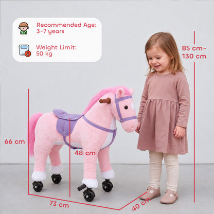 AIYAPLAY Rocking Horse, Plush Ride On Horse with Hoof Sounds, Music, Rolling Wheels and Pedal for 3-7 Years, Up to 50kg, Pink